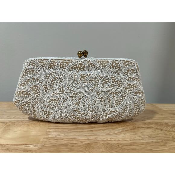 Vintage Clutch Purse Kiss Lock Beaded White w Cosmetic Mirror 9"x5" JL - Picture 1 of 13